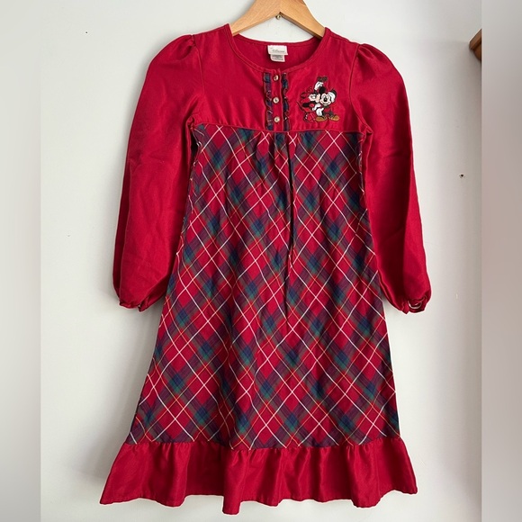 Disney Mickey & Minnie Mouse Mistletoe Plaid Red Puff Sleeve Nightgown Girls 7/8 - Picture 1 of 8